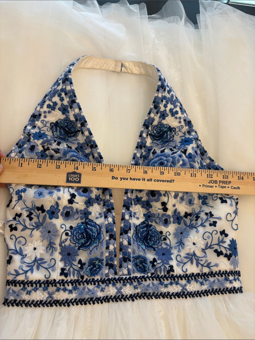 Blue and White Embroidered Halter Evening Dress - Picture 9 of 9
